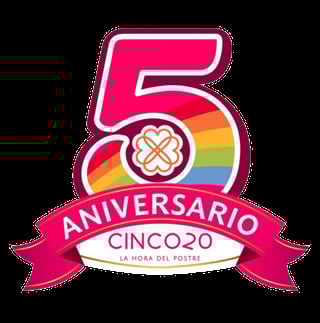 CINCO20 5th anniversary logo with rainbow pride colors, decorative clover, and pink banner reading Aniversario